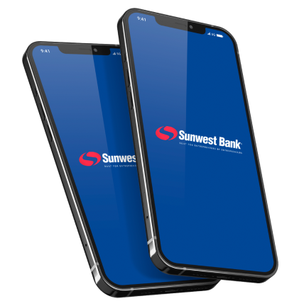 Mockup mobile do Sunwest Bank, cliente da Luby do segmento financeiro.