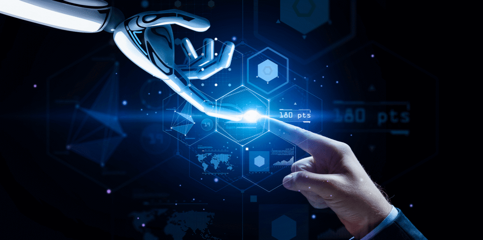 Ilustração conceitual de um agente inteligente interagindo com sistemas digitais corporativos, representando a evolução da IA de ferramenta para protagonista nos negócios.